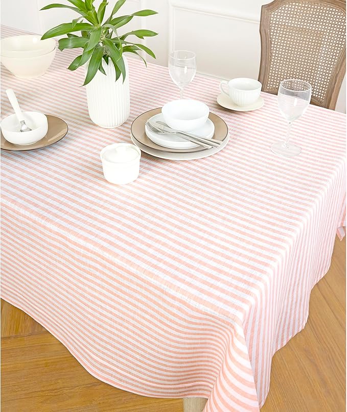 Solino Home Linen Striped Tablecloth 60 x 144 Inch - 100% Pure Linen Coral and White Table Cloth for Rectangle Tables - Amalfi Stripe, Machine Washable Tablecloth