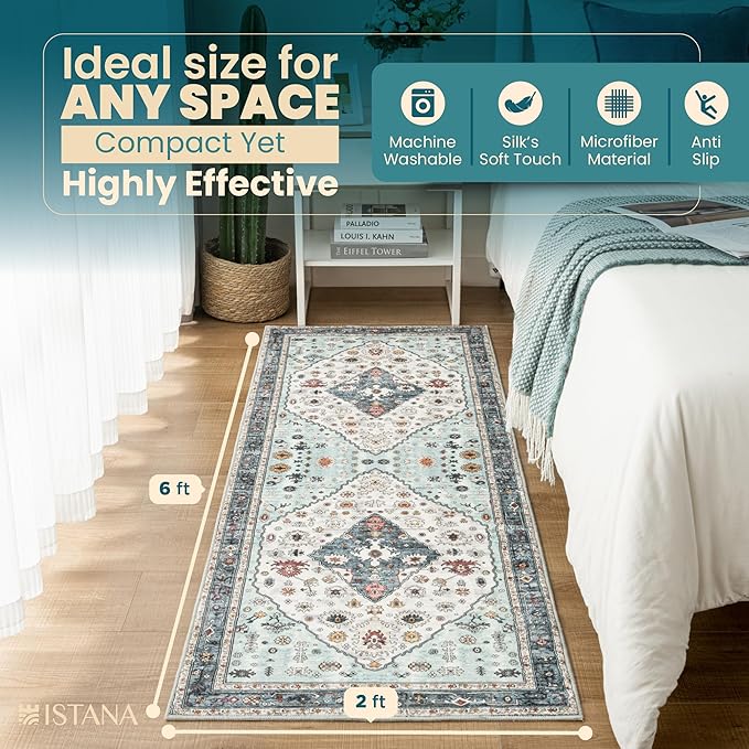 Istana Hallway Runner Rug 2x6 - White Cream/Blue Kitchen Rugs Non Slip Washable -Silk's Soft Touch Carpet Runner - Stylish Rug for Home