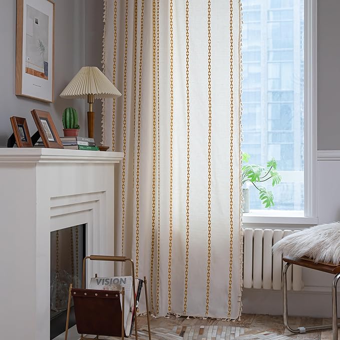 Sutuo Home Boho Curtains 72 inches for Bedroom Living Room, Semi Blackout Farmhouse Tassels Window Treatment Bohemian Embroidery Drape, Rod Pocket 1 Panel 52" W x 72" L, White and Gold