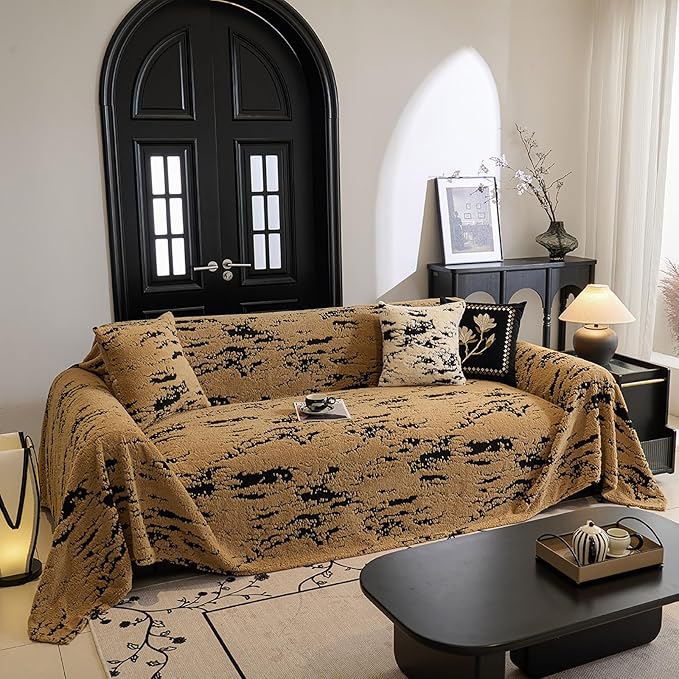 ROOMLIFE Striped Boho Khaki Couch Cover for 2-3 Cushion Sofa, Fuzzy Plush Warm Sofa Slipcovers Sectional Sofas Covers, Non Slip Washable Furniture Protector Soft with Tassel,Winter 71''X150”