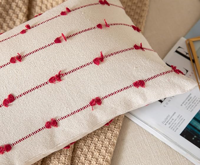 Caflife Boho Christmas Lumbar Pillow Covers 14x36 Long, Farmhouse Decorative Body Lumbar Pillow for Bed and Sofa, Living Room Home Christmas Decor Couch Red Lumbar Pillowcase, Pack of 1