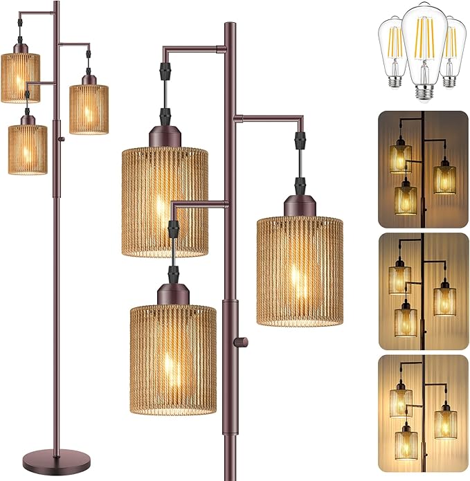Hotsonic 72" Tall Boho Floor Lamp, Dimmable Standing Lamp with Handcrafted Rattan Shade, Industrial Tree Floor Lamps for Living Room, Bedroom, Study Room, Office (3 x 800LM LED Bulbs Included) - Brown