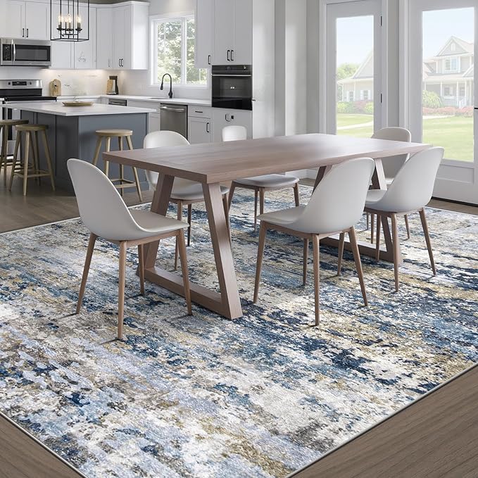 Area Rugs 9x12 for Living Room: Washable Rug Modern Abstract Neutral Soft Non-Slip Low-Pile Indoor Large Carpet for Bedroom Dining Room Playroom Home Office (Blue Grey Brown, 9'x12')