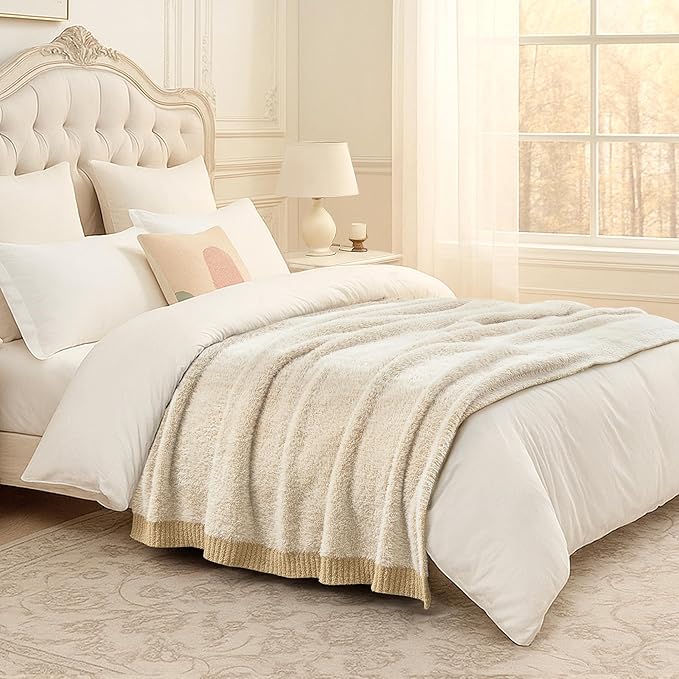 Amélie Home Knit Throw Blanket for Couch, Super Soft Cozy Fuzzy Throws for Sofa Bed Living Room, Luxury Cozy Fluffy Throw for Room Decor, 60" x 80", Heather Beige