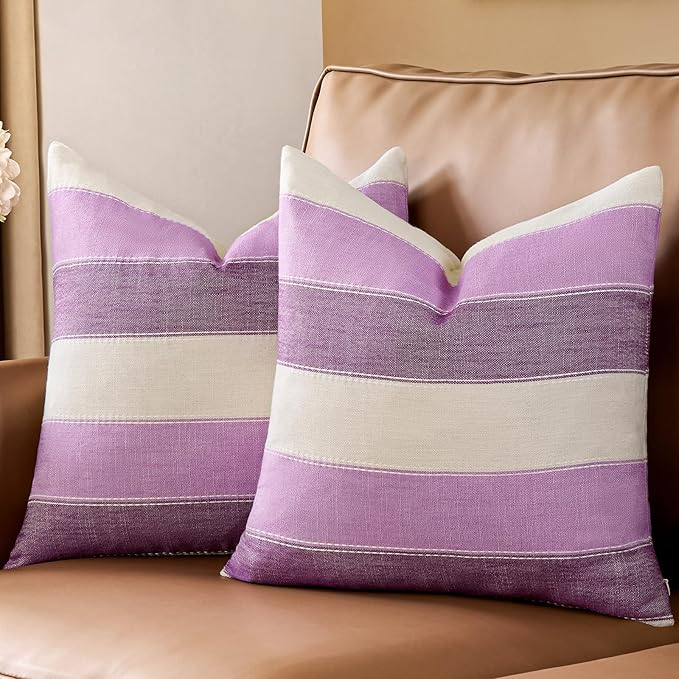 AmHoo Pack of 2 Farmhouse Stripe Check Throw Pillow Covers Set Case Cotton Linen Decorative Pillowcases Cushion Cover for Couch Bench Sofa 18x18 Inch Purple