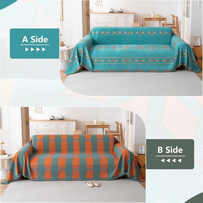 DREAMINGO Teal Boho Couch Cover Jacquard Chenille Sofa Covers Washable 3 Seater Sofa Protector for Pets Kids Modern Bohemain Sectional Couch Slipcovers for Living Room, 71"x150"