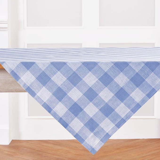Solino Home Linen Square Tablecloth 52 x 52 Inch - 100% Pure Linen Hydrangea Blue Buffalo Check Tablecloth - Machine Washable Table Throw