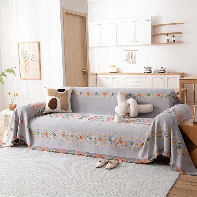 DREAMINGO Chenille Boho Couch Cover 71x118, Grey Sofa Covers for 2 Cushion Couch, Geometric Jacquard Furniture Protector for Living Room, Washable Sofa Slipcovers for Sectional