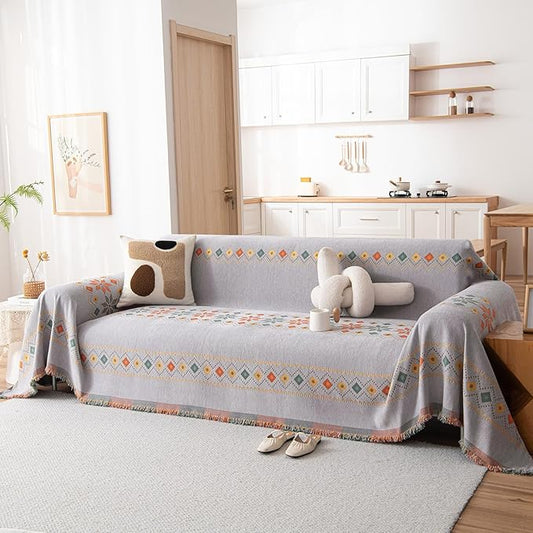 DREAMINGO Chenille Bohemian Sofa Cover 71x150, Grey Couch Cover for 3 Cushion Sofa, Geometric Jacquard Furniture Protector for Living Room, Washable Couch Slipcovers for Sectional