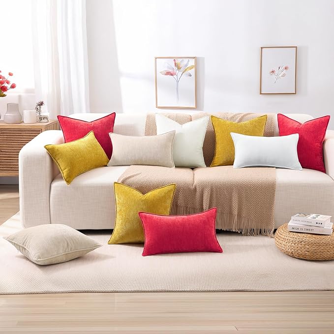 decorUhome Christmas Couch Throw Pillow Covers 18x18 Set of 2, Decorative Soft Euro Velvet Neutral Chenille Pillow Covers with Elegant Design for Sofa Bed Living Room Home Decor, Red