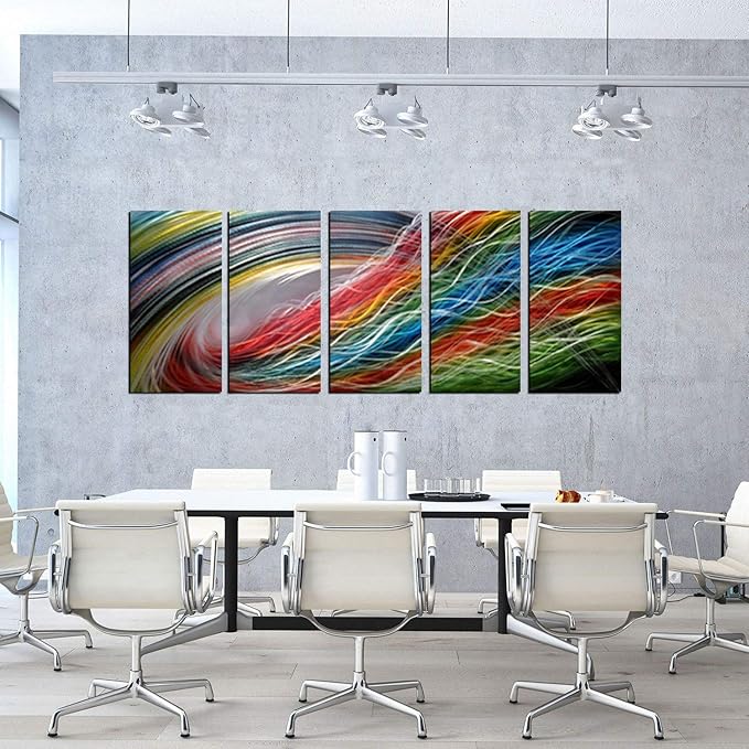 Panel Metal Wall Art with Colorful Wave Lines Design, Abstract Modern and Contemporary Décor, Unique Metal Wall Sculpture, Silver Aluminum Artwork, Indoor and Outdoor decoration, 5 panels 64"x24"