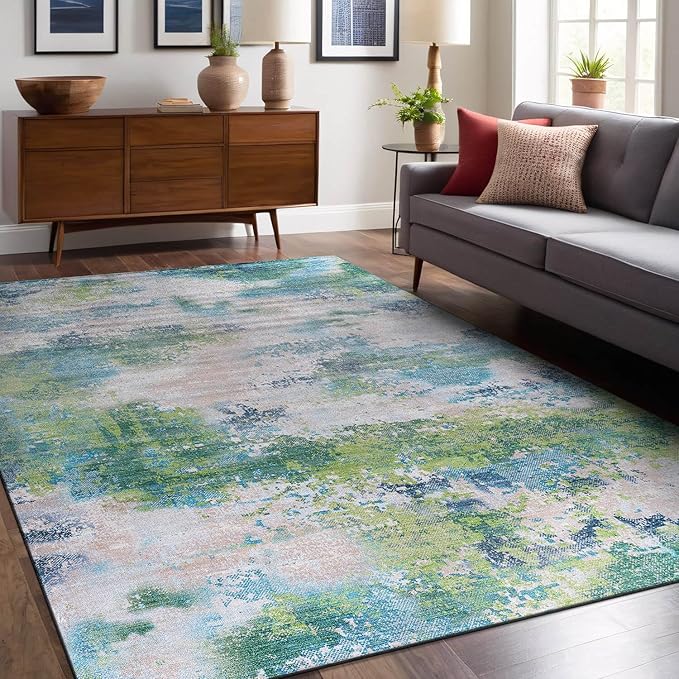 Non Slip Rugs 6x9 Modern Abstract Easy Silk Rubber Backing Soft Area Rug for Living Room Easy to Clean Non Shedding Kitchen for Bedroom Indoor Carpet (Teal - Green, 6x9)