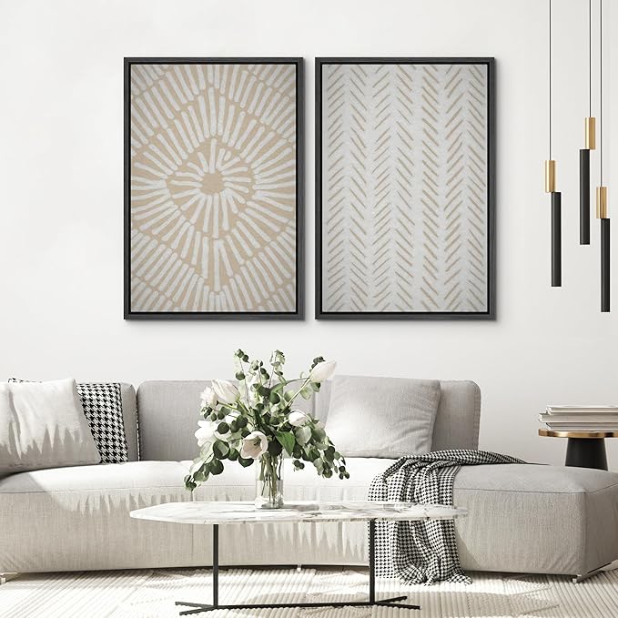 SIGNWIN Framed Canvas Print Wall Art Set Tan White Tropical Geometric Collage Abstract Shapes Cozy Neutral Modern Art Minimal Boho Relax/Calm for Living Room, Bedroom, Office - 24"x36"x2 Black