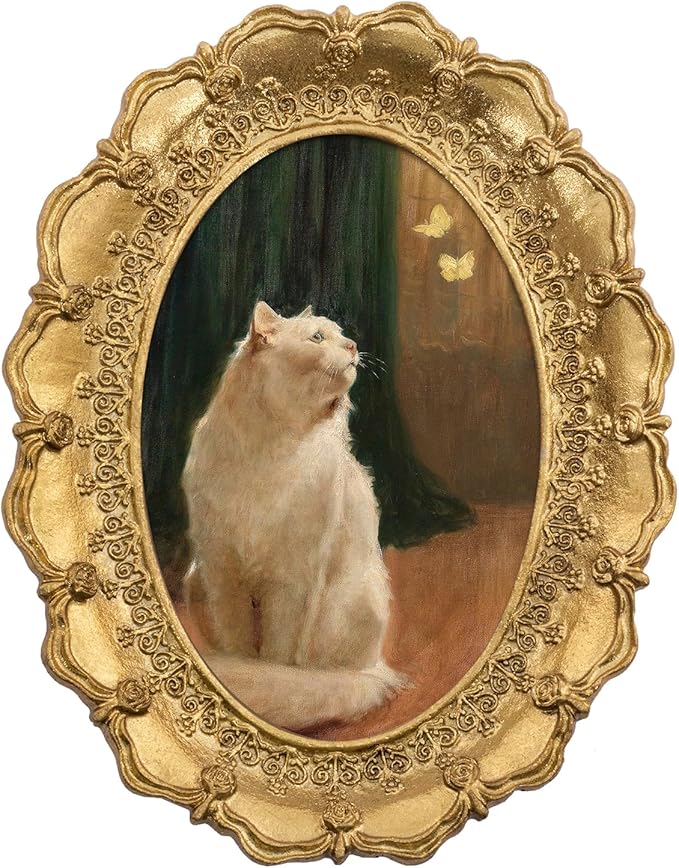 FOLKOR Cute Cat Wall Art with Vintage Gold Picture Frame, Playful Pet Butterflies Canvas Prints Portrait for Living Room Nursery Gallery, 4x6
