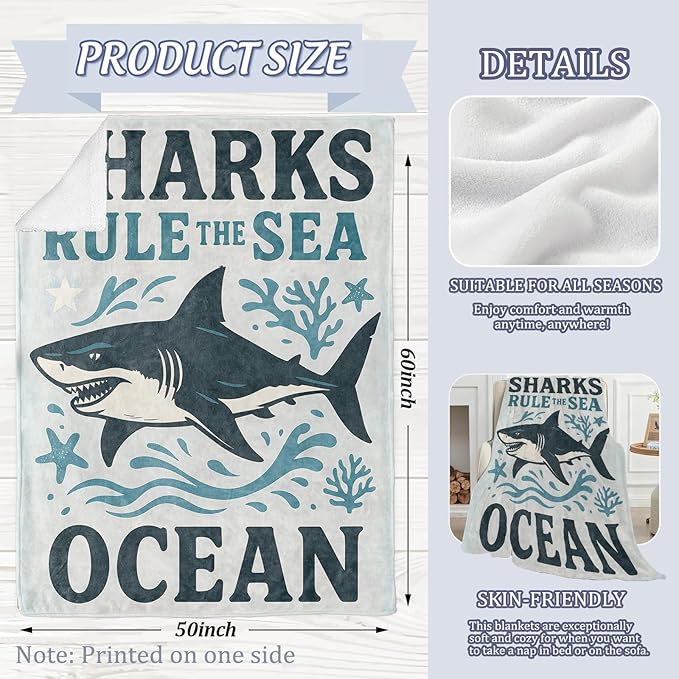 Bold Shark Blanket, Ocean Rule Theme 80 x 60 Inch Flannel Throw Blanket, Gifts for Women Kids, Lightweight Cozy Warm Blankets for Sofa Travel Home Decor