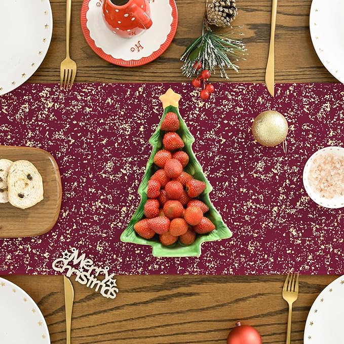 Artoid Mode Burgundy Dutch Fleece Table Runner, Glitter Metallic Foil Holiday Kitchen Dining Table Decoration for Home Party Decor 13x120 Inch