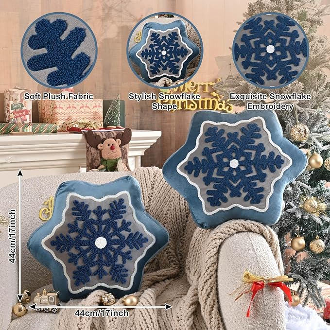 Lanpn Christmas Snowflake Pillows Set of 2, Christmas Decoration Winter Throw Pillows Decorative Throw Cushion for Sofa Living Room Bedroom Xmas Decor (17x17 inch, Blue)