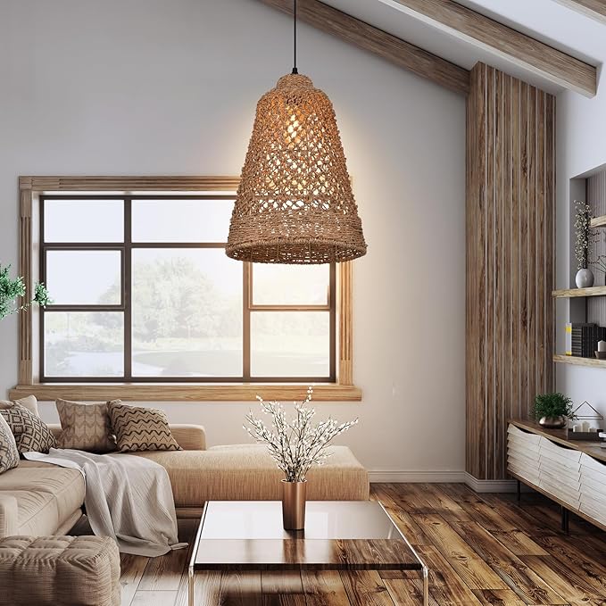Arturesthome Wicker Pendant Light Fixture Basket Rattan Chandelier Handmade Pendant Lighting for Dining Table Restaurant Foyer D 11.8″* 15.7″