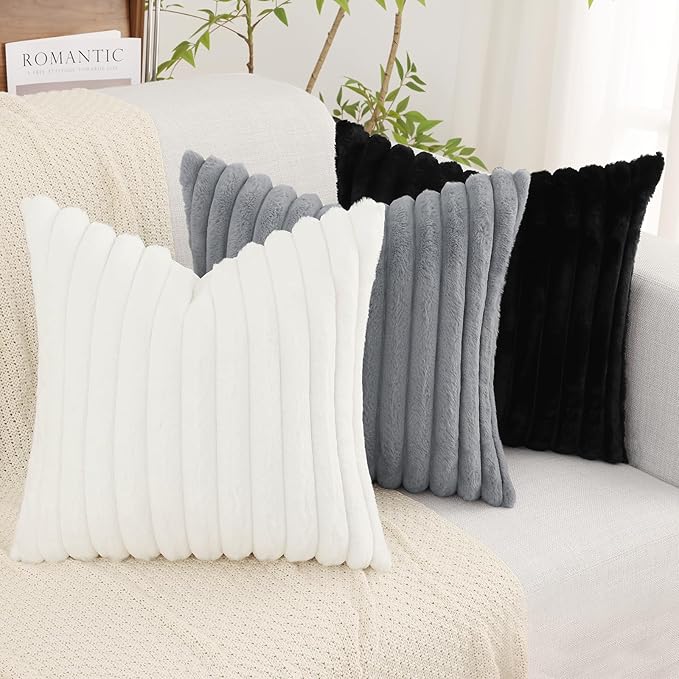 decorUhome Faux Fur Christmas Throw Pillow Covers 22x22 Set of 2, Decorative Soft Plush Striped Neutral Couch Euro Pillow Covers with Velvet Back for Sofa, Bed, Living Room Home Decor, Black