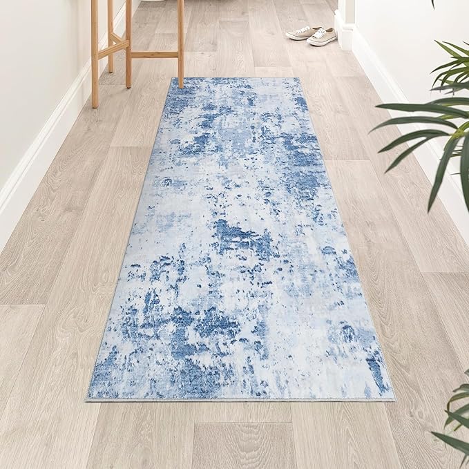 Modern Abstract Runner Rug 2x5 Washable Non Slip Stain Resistant Rug for Bedroom Living Room Non Shedding Low Pile Indoor Floor Cover,Light Blue