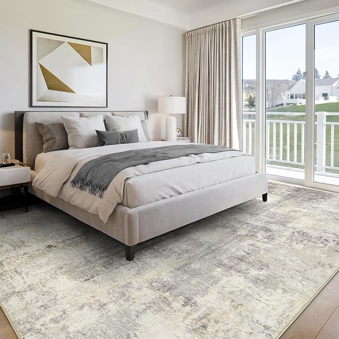 Washable Area Rugs for Living Room 8x10 - Large Neutral Modern Abstract Rug, Soft Low Pile Carpet with Non Slip Backing for Under Dining Room Table, Bedroom, Home, Office, Dorm - Brown Grey