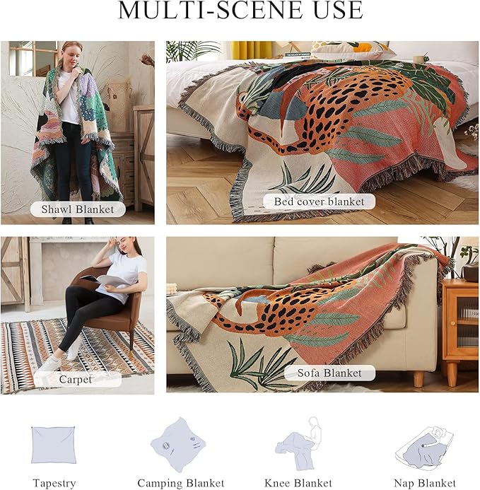 Double-Sided Cotton Woven Throw Blanket with Tassel Jungle Bohemian Style Tapestry Shawl Multi-Function Decorative Throws for Sofa Bed Armchair Camping Blanket Tablecloth Carpet 160x130cm