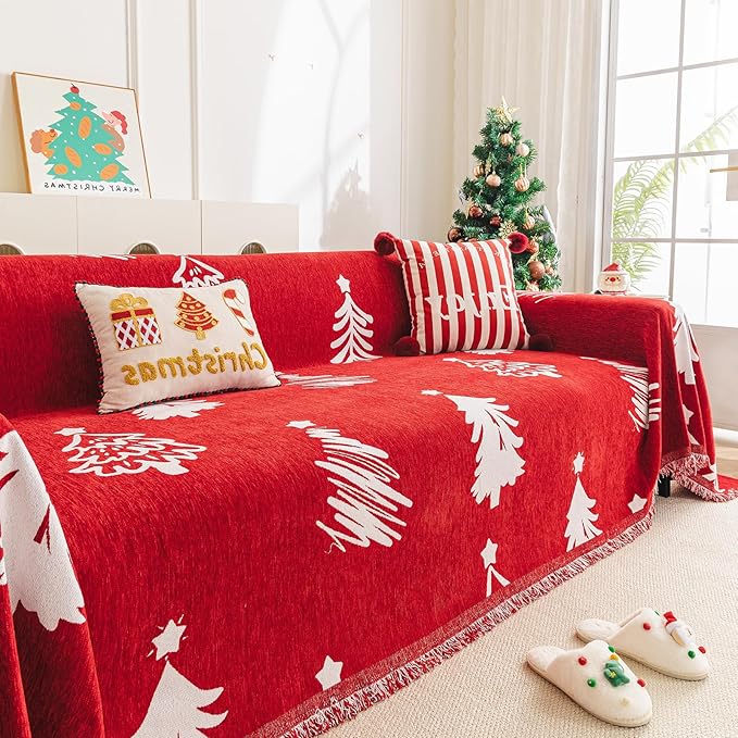 hyha Couch Cover for Dogs, Boho Sofa Covers for 3 Cushion Couch Washable, Chenille Sofa Slipcover for Pets, Soft Loveseat Sectional Couch Throw Blankets with Tassels (Red Christmas Tree, 71x150 Inch)