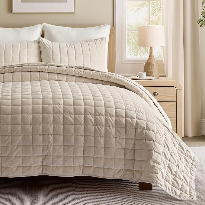 EVERGRACE Pearl Velvet Quilt Full Queen Size Bedding Sets, Luxurious Soft Velvet Comforter Set, Lightweight Box Stitching Oversized Bedspread Coverlet for All Season, with 2 Shams, Birch