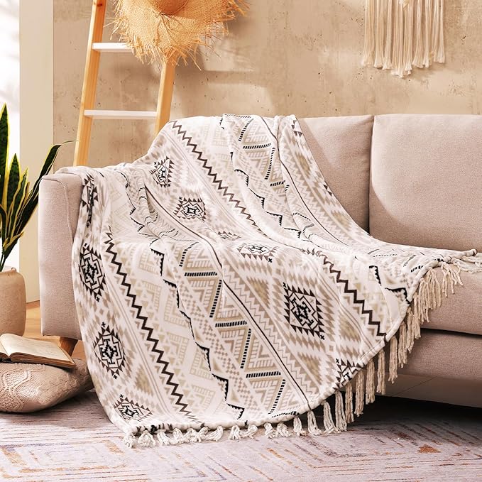 CASAAGUSTO Boho Throw Blanket - Beige and Gray Decorative Blankets with Tassel, Printed Flannel Bohemian Blanket for Chair, Bed, Sofa, Couch(60 * 80, Beige and Gray)