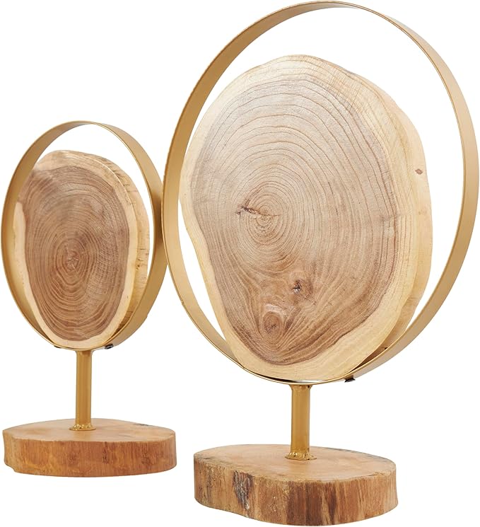 Deco 79 Wood Abstract Handmade Decorative Sculpture Live Edge Slab Home Decor Statues with Gold Metal Rings, Set of 2 Accent Figurines 14", 11"H, Brown