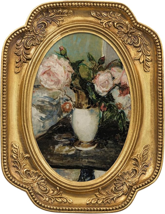 FOLKOR Vintage Flower Painting with Gold Frame, Floral Canvas Wall Art Prints for Tabletop Shelf Gallery Wall Decor, Retro Bouquet Still Life Artwork for Dining Room Hallway, 4x6
