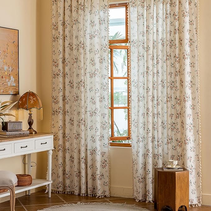 OYX Pink Boho Floral Window Curtains 84 Inch Long 2 Panels, French Vintage Farmhouse Vintage Country Rustic Tassels Printed Drapes for Living Room Bedroom, Rod Pocket Light Filtering Decor Aesthetic