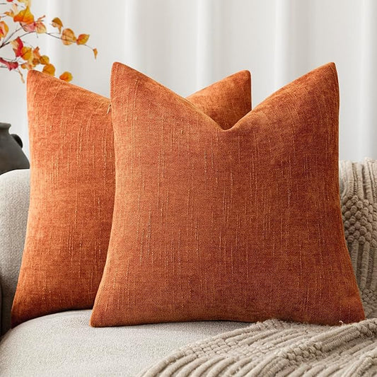 Foindtower Pack of 2 Soft Textured Chenille Throw Decorative Pillow Covers Square Accent Solid Cushion Cover Cozy Neutral Farmhouse Pillow Case for Couch Sofa Bedroom Living Room 20x20 Inch,Orange