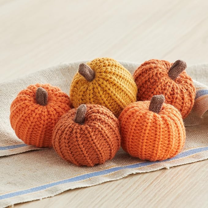 Your Heart's Content Mini Knit Pumpkins Set of 5, mini Pumpkin Decor, Orange Pumpkin Bowl fillers Fall Tiered Tray Decor Set, Autumn Table Decorations for Halloween (Mini Knit Orange)