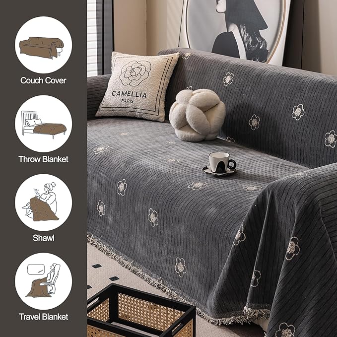 ROOMLIFE Gray Couch Cover Boho Sofa Covers for 3 Cushion Couch Washable, Furniture Protector Sofa Couch Cover for Dogs, Soft Chenille Sofa Slipcover, Couch Throw Blankets with Tassels 71 '' X 118''