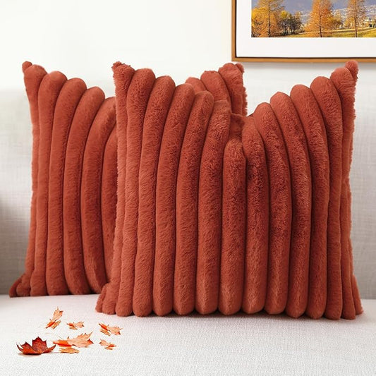 decorUhome Faux Fur Thanksgiving Day Throw Pillow Covers 26x26 Set of 2, Decorative Soft Plush Striped Neutral Couch Euro Pillow Covers with Velvet Back for Sofa, Bed, Living Room Home Decor, Rust