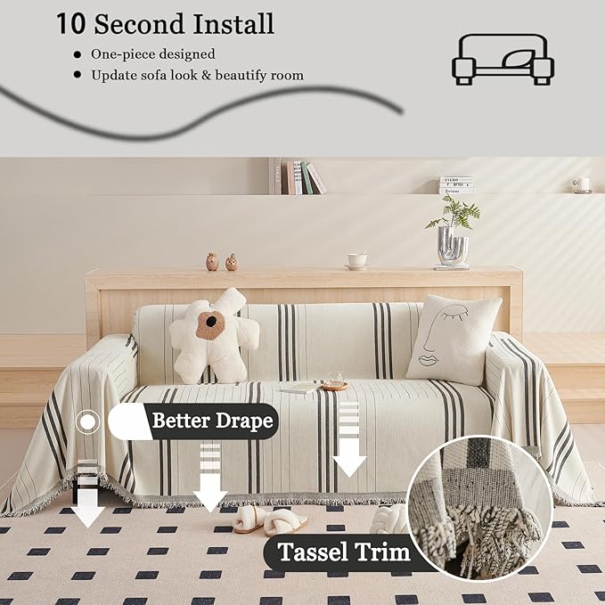 DREAMINGO Couch Cover Reversible Chenille Furniture Protector Sofa Covers for Dogs Pets Dark Grey Couch Cover for 3 Cushion Couch Sofa Vertical Stripe Jacquard Sofa Slipcover Sectional, 71"x150"