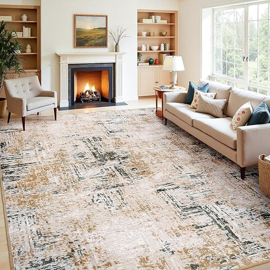 Rugflix 9x12 Area Rug for Living Room, Washable Modern Abstract Rug Low-Pile Non Slip Backing, Soft Large Farmhouse Carpet for Bedroom Dining Room Home Office, Brown Grey