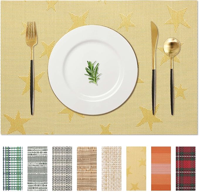AHHFSMEI Placemats for Dining Table Set of 4 Woven Vinyl Plastic Place Mats Non-Slip Heat Insulation Stain Resistant Table Mats Washable Easy Clean Placemats (Gold Star 4)