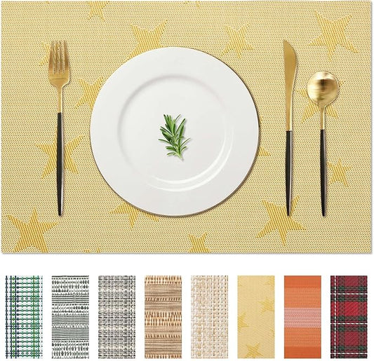 AHHFSMEI Placemats for Dining Table Set of 4 Woven Vinyl Plastic Place Mats Non-Slip Heat Insulation Stain Resistant Table Mats Washable Easy Clean Placemats (Gold Star 4)