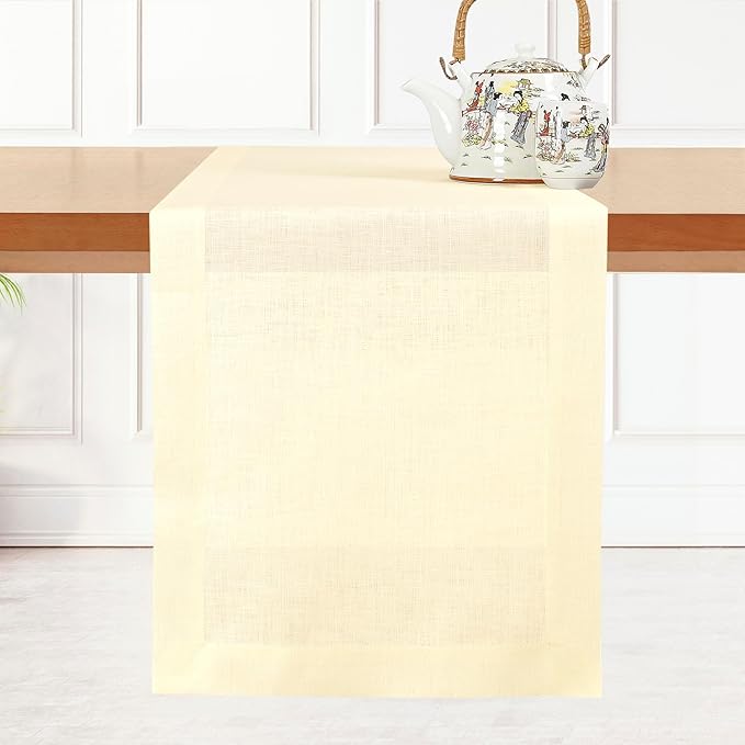 D'Moksha Homes Linen Vanilla Cream Table Runner 102 Inches Long - 100% Pure Linen Dining Table Runner 14 x 102 Inch for Fall, Thanksgiving, Christmas, Holiday - Machine Washable