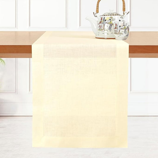 D'Moksha Homes Linen Vanilla Cream Table Runner 102 Inches Long - 100% Pure Linen Dining Table Runner 14 x 102 Inch for Fall, Thanksgiving, Christmas, Holiday - Machine Washable