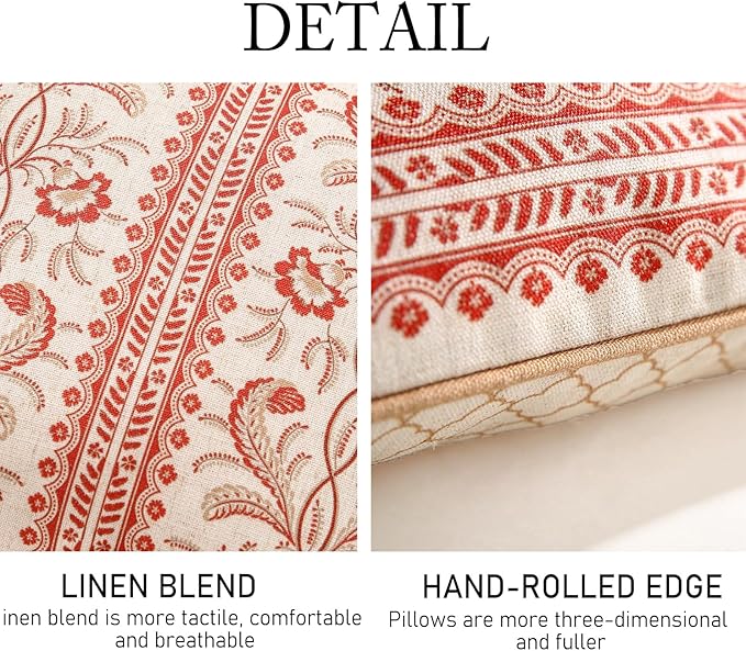 ISAENNE Design Euro Linen Square Throw Pillow Covers 18"x18" Pack of 2, French Country Cushion Covers with Orange Morris Floral Pattern Decoration Pillowcases for Bed, Living Room, Outdoor, Car