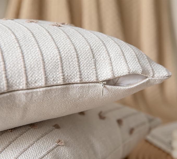 Caflife Boho Throw Pillow Covers 20x20 Set of 2 Decorative Pillows for Bed, Neutral Pillow Covers Beige with Tan Line Throw Pillows for Modern Farmhouse Couch Sofa Living Room Outdoor