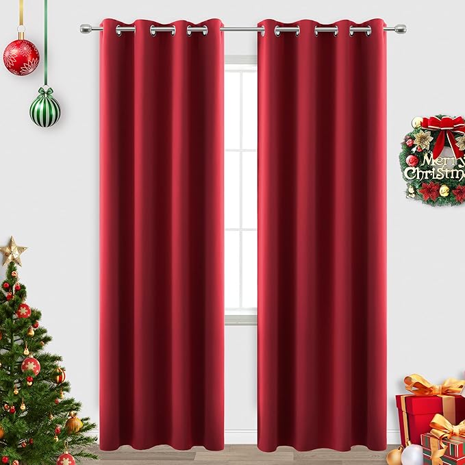 KOUFALL Christmas Curtains for Living Room,Black Out Curtain 96 Inches Long 2 Panel Set Red Blackout Decorative Window Treatments Thermal Curtains for Winter Insulated