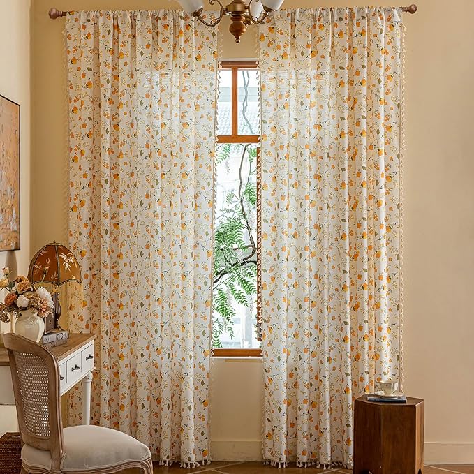 OYX Yellow Boho Pattern Floral Curtains 96 Inch Length 2 Panels for Living Room, Bedroom Light Filtering Drapes, Vintage Country French Tassels Patterned Rod Pocket Aesthetic Decor Window Treatments
