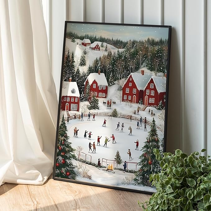 OZCONO Snowy Christmas Village Wall Art, Cozy Xmas Holiday Decor, Nordic Winter Town Scene with Ice Skating, Seasonal Home Artwork, Festive Scandinavian Cabin Accent (Unframed) (20x30)