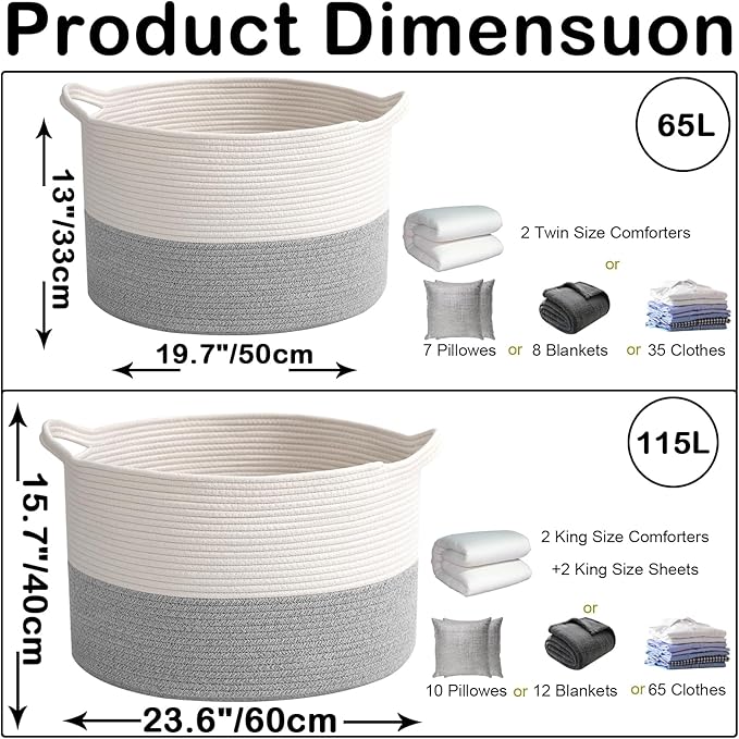 Large Blanket Basket for Organizing,65L Closet Organizers and Storage Bins Box for Shelves Woven Rope Storage Baskets,Living Room,Bedroom,Dorm,Laundry room (White&Grey)