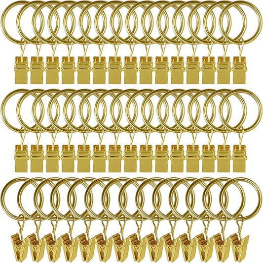 44 Pack Curtain Rings with Clips, Curtain Clip Rings Hooks, Bow Hanger Clips for Hanging Drapery Drapes Bows, Ring 1 inch Interior Diameter, Fits up to 5/8" Rod, Gold