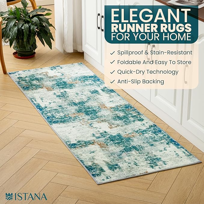 Istana Hallway Runner Rug 2x6 - Green Kitchen Rugs Non Slip Washable -Silk's Soft Touch Carpet Runner - Stylish Rug for Home